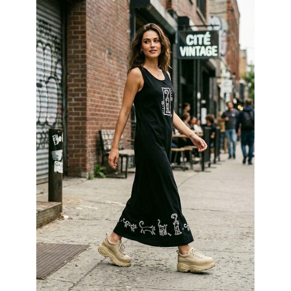 CITE Womens Vintage Black Graphic Tank Dress Maxi Sleeveless Cat Print Art Line
